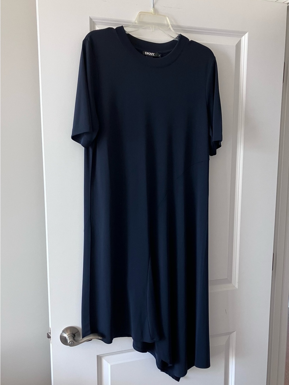 DKNY Navy Asymmetrical Hem Short Sleeve Dress
